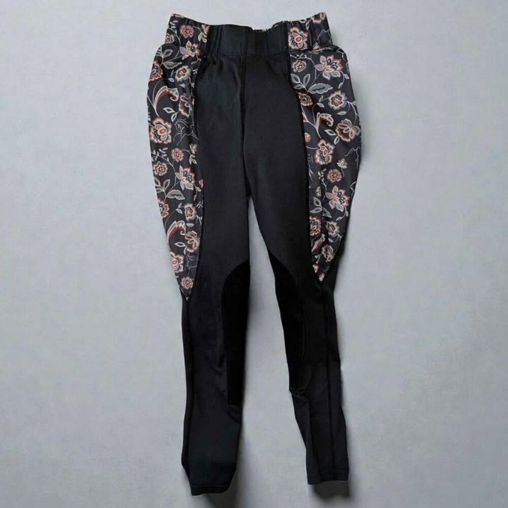 Kerrits Riding Tights XS Black Floral Knee Patch Equestrian Pull On Pants